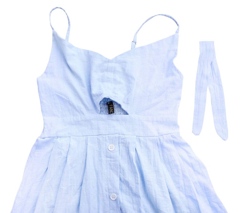FANCYINN Women's Tie Front Dress Button Down Spaghetti Strap Cute Midi Dress A Line Swing Dress for Women Light Blue XS - Image 4